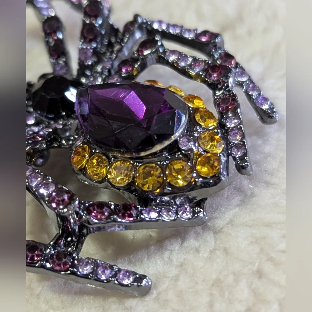 Elegant Jeweled Spider Rhinestone Brooch Purple & Gold Stones Vintage